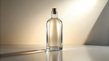 A sleek, transparent glass bottle stands upright with a subtle outline, showcasing its elegant shape against a soft, creamy white background with gentle shadows.