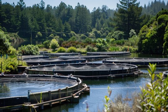 A serene aquaculture setting features circular fish pens floating in calm waters, bordered by vibrant foliage under a clear blue sky.
