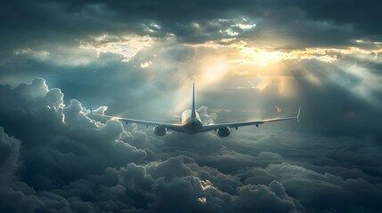 Dramatic Storm Clouds Parting for Soaring Commercial Airplane in Moody Sky