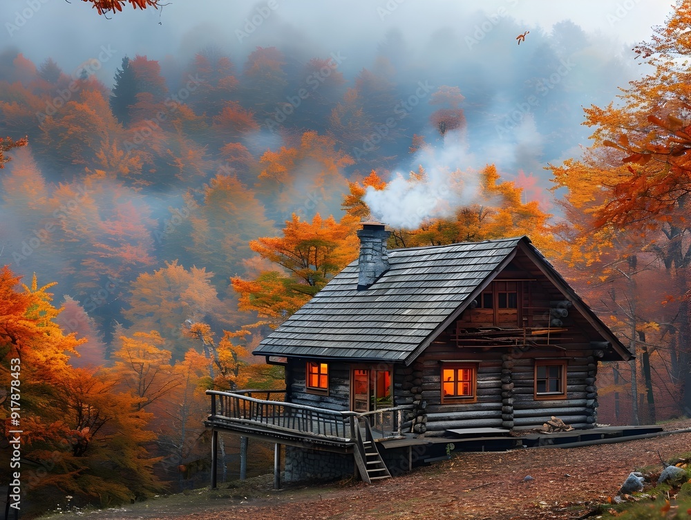 Canvas Prints Cozy Autumn Cabin Nestled in Colorful Forest with Smoky Chimney Peaceful Retreat Concept