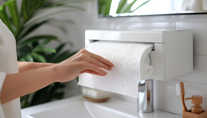 Woman putting new fresh paper towels into dispenser in bathroom, closeup