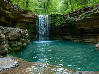Serene hidden forest pool with cascading waterfall and natural rock formations