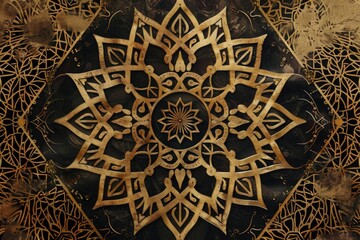 Naklejka premium A mesmerizing golden mandala radiates intricate patterns, blending sacred geometry with a sense of mystical chaos.