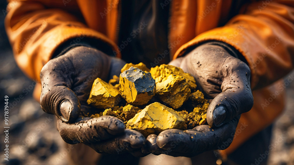 Sticker Sulfur miner holding sulfur rocks with hands. Work at sulphur mining site, mineral resources