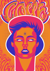 1960s Style Psychedelic Poster, Sexy Beauty Psychedelic Acid Color Background, Blind Eyes, Symbol on Forehead
