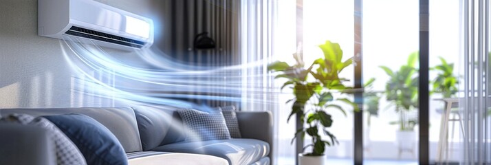 Comfortable living room interior with air conditioning system cooling space during bright daylight