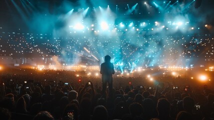 A man stands in the middle of a crowd of people at a concert