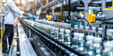 Obraz premium Close-up of a production line with machinery and workers processing products, featuring various stages from assembly to packaging and final inspection