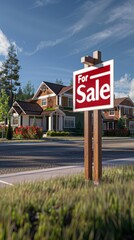 A red sign that says "For Sale" is on a sidewalk in front of a house
