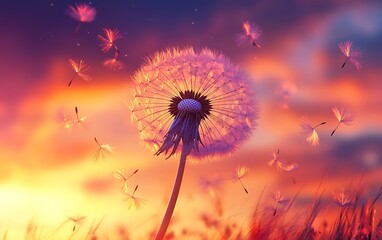 Dandelion seeds blowing in the wind at sunset.