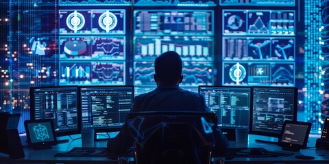 Detailed image of a cybersecurity system with real-time threat detection metrics and alerts, illustrating the continuous monitoring and analysis of potential risks