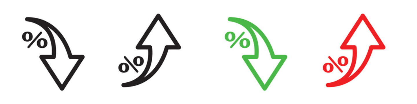 Percent arrow icon. Growth, increase, decrease icons contain arrows. Up arrow, down arrow. arrow element for infographic web