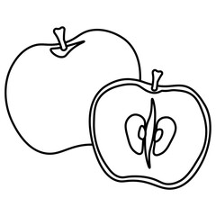 Outline apple whole and half, coloring page with healthy fruit for creativity and design
