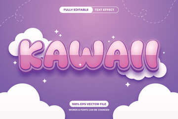 A kawaii text effect with clouds and stars. The text is in a 3D style and the colors are pink and purple.