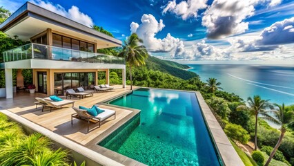 Fototapeta premium Breathtaking luxury villa overlooking turquoise ocean, surrounded by lush greenery, features sleek modern architecture, infinity pool, and endless panoramic views of the tropical paradise.