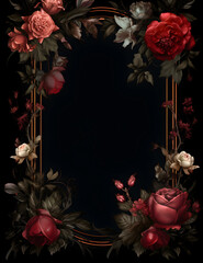 An intricate and moody floral border featuring deep red and white roses with dark, rich leaves. The flowers are arranged against a deep black background, creating a gothic and vintage atmosphere