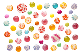 Candies top view on transparent background. Themes related to candies. World of candies. Candy store. Buy and sell candies. Images for graphic designers. Candies isolated. PNG cutout.