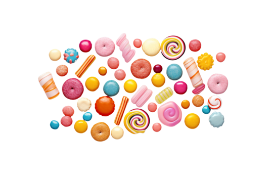 Candies top view on transparent background. Themes related to candies. World of candies. Candy store. Buy and sell candies. Images for graphic designers. Candies isolated. PNG cutout.