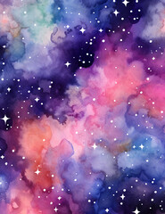 A mesmerizing image of a galaxy nebula, featuring swirling clouds of vibrant colors—purples, blues, and pinks—interspersed with stars and cosmic dust. The deep space scene is beautiful