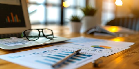 A financial planner's desk with documents outlining a retirement savings plan, featuring graphs, charts, and financial forecasts for effective retirement preparation