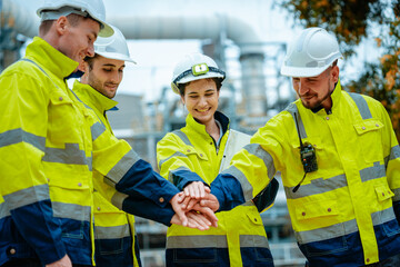 Group of workers teamwork Industry in oil refinery equipment Check and check the condition of the machinery system , Energy Engineering concept.