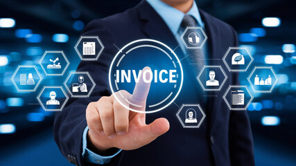The concept of Invoice and Online Digital Statements involves a businessman interacting with a virtual screen displaying invoice icons, streamlining billing and payment processes.
