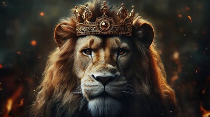 Fototapeta premium A majestic lion with crown on head, symbolizing strength and ruler of the jungle, king concept art 