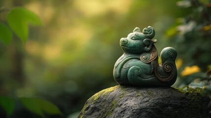 Fototapeta premium Auspicious things Improve your luck. It was a Kirin statue made of green jade placed on a rock.