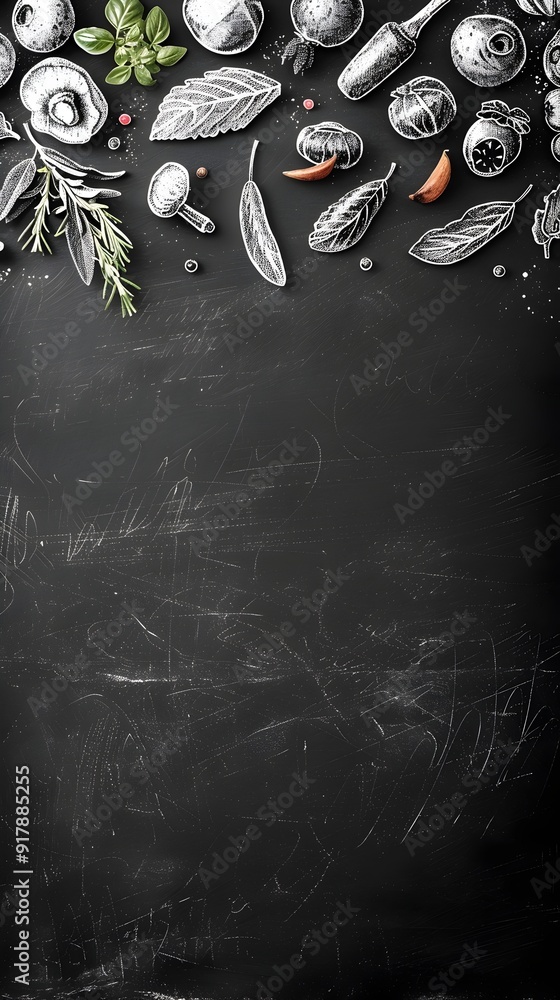 Poster rustic chalkboard frame with hand drawn elements on blackboard background for creative design concep