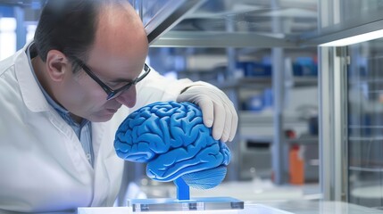 Researcher examining blue biotechnological brain model, Alzheimer s advancements, Focus on cognitive solutions