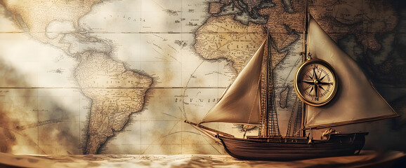 Old sailboat, compass and ancient map historical background. A concept on the topic of sea voyages, discoveries, pirates, sailors, geography and history. Efect of overlay on old texture of paper.