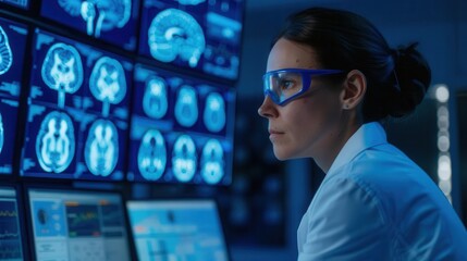 Scientist in blue-lit lab with digital brain models, Alzheimer s research, High-tech advancements in cognitive studies