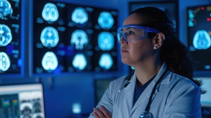 Scientist in blue-lit lab with digital brain models, Alzheimer s research, High-tech advancements in cognitive studies