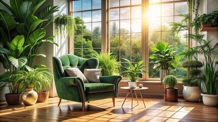 Cozy living room with plush green velvet armchair, lush potted plants, and warm natural light streaming through large windows on a sunny day.