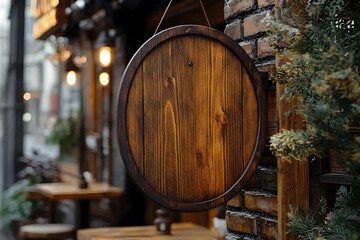 Circular Wooden Sign Hanging on Brick Wall of Rustic Bar or Cafe