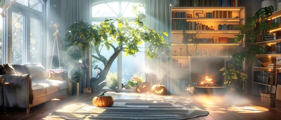 A living room with fairy tale props, witches in storybook costumes, and a mystical, enchanting atmosphere © Sunisa