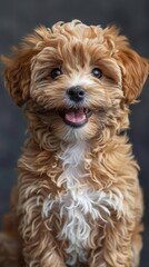 Adorable Maltipoo puppy, smiling, with brown and white fur, teddybear look Isolated on a plain background, cute pet portrait