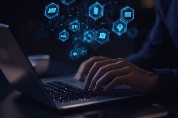 In a contemporary office setting, a businessman works on a laptop with a holographic digital document icon displayed, showcasing innovation and virtual technology.