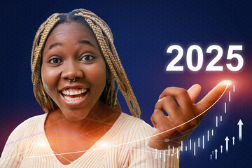 A woman with long hair is pointing to the year 2025