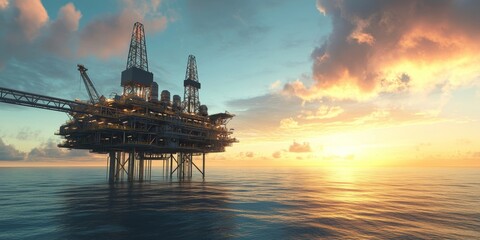 Fototapeta premium In the vast ocean, a realistic oil rig is prominently displayed, emphasizing its significance in offshore energy extraction and maritime industry.