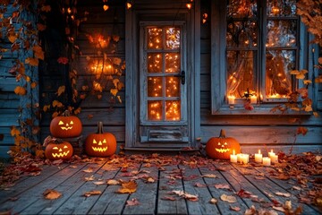 Cozy wooden house porch decorated with Halloween pumpkins, flickering candles, and scattered autumn leaves, creating a festive and inviting fall atmosphere.