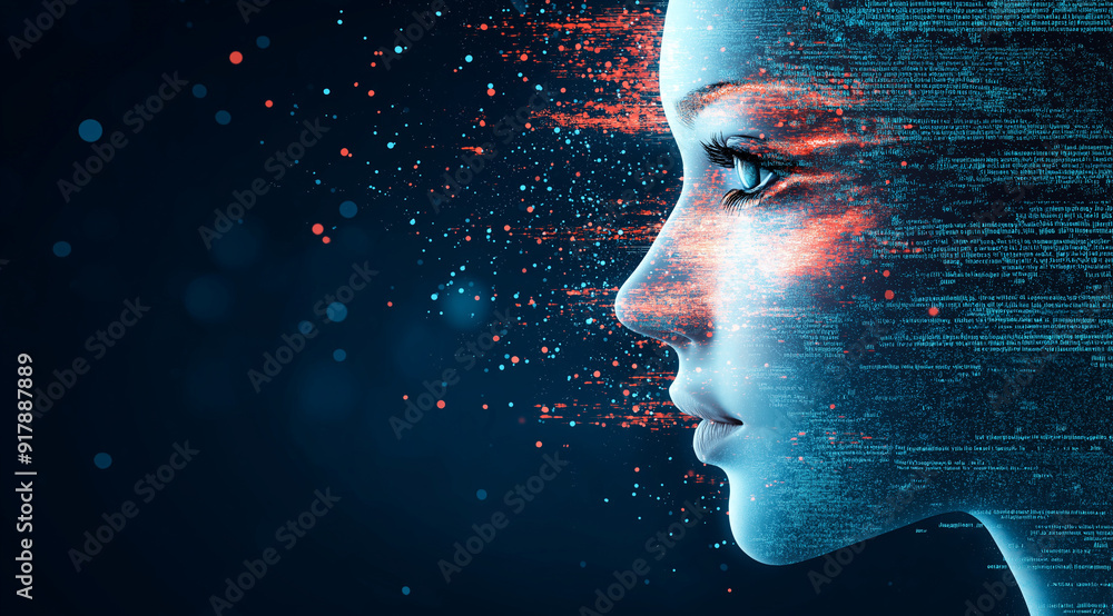 Poster a close-up of an ai female face with digital data flowing from her eyes, set against the backdrop of