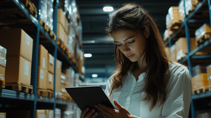 Warehouse worker using a digital tablet to manage inventory in a storage facility