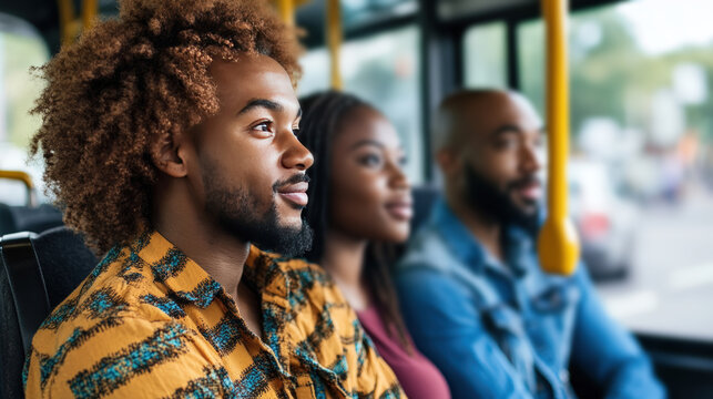 Diverse Group of Passengers Riding on a City Bus