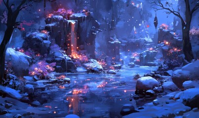 Anime-Inspired Ethereal Winter Wonderland: Dreamy Snowy Landscape with Mystical Glowing Atmosphere. Vibrant Blue Sky and Exquisite Digital Art for Book Illustrations and Creative Marketing Visuals. Ca