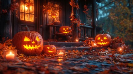 Festive Halloween scene on a wooden house porch with carved pumpkins, lit candles, and a carpet of autumn leaves, creating a cheerful and seasonal atmosphere.