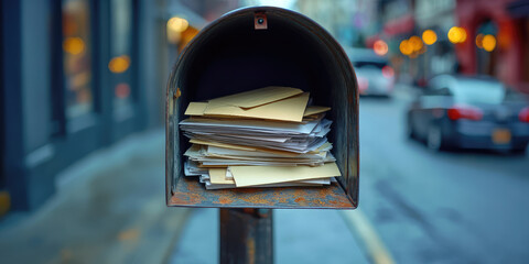 An open street mailbox with a stack of letters inside. Mail, weekly subscription