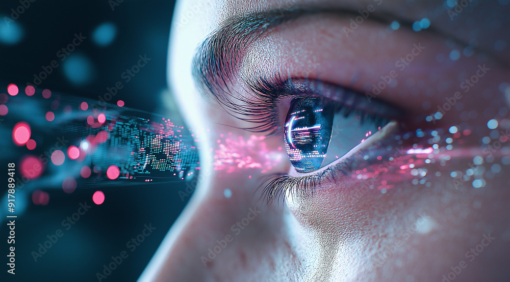 Poster close-up of the face and eyes of an ai digital human with holographic data floating around, symboliz