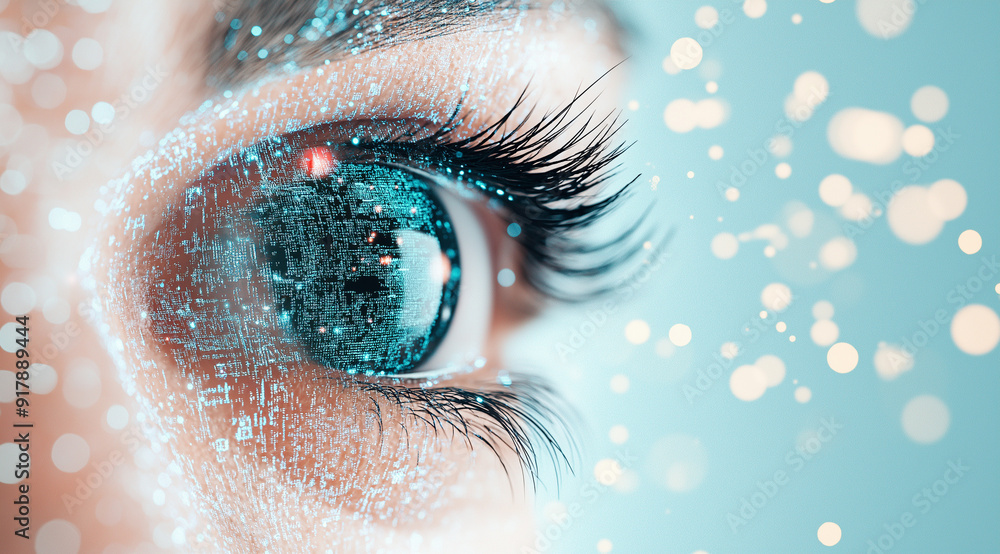 Poster close-up of the face and eyes of an ai digital human with holographic data floating around, symboliz