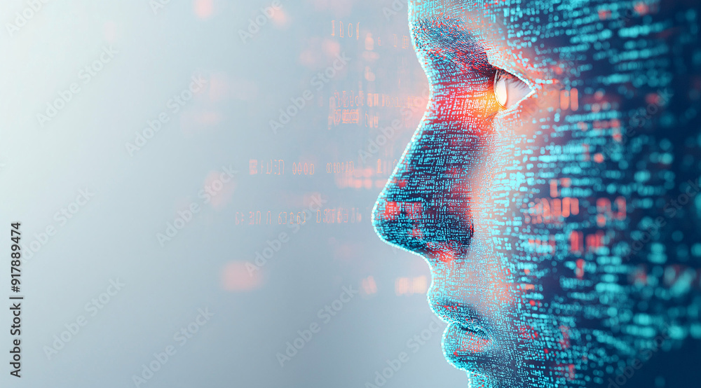 Poster close-up of the face and eyes of an ai digital human with holographic data floating around, symboliz
